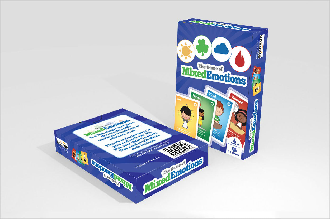 Board game packaging for 'The Game of Mixed Emotions' on a blue background