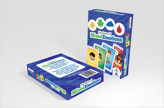 Board game packaging for 'The Game of Mixed Emotions' on a blue background