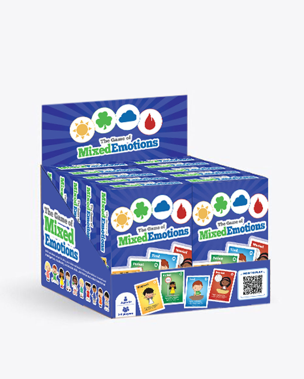 Display box for  'The Game of Mixed Emotions' with colorful design on a blue background